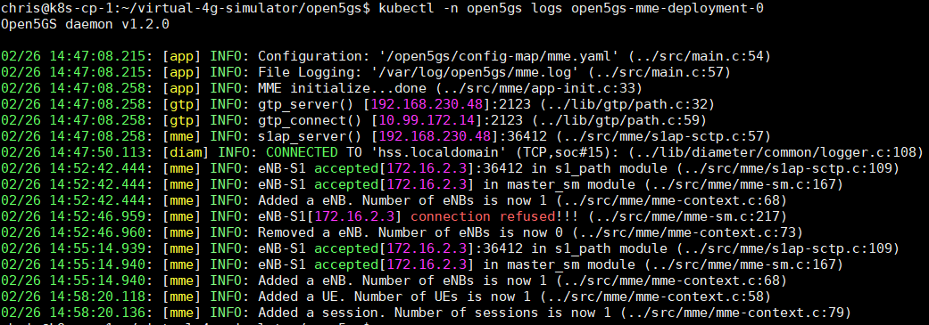 GNS3 network: Open5gs MME Status After eNodeB and UE are running