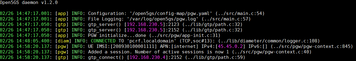 Open5gs PGW Status After eNodeB and UE are running